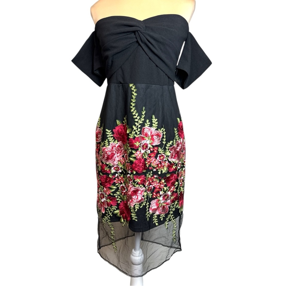 Soieblu Black Red Rose Embroidered Sheer Bodycon Off the Shoulder Dress L Y2K